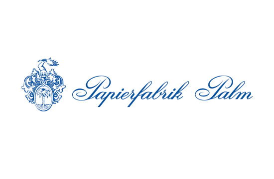 Das Bild zeigt das Logo der Papierfabrik Palm mit kunstvollem Wappen und eleganter Schrift.