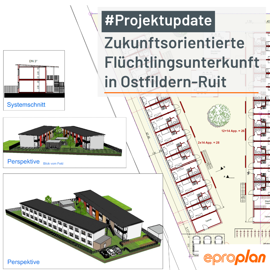 Architektonische Pläne und 3D-Modelle einer zukunftsorientierten Flüchtlingsunterkunft in Ostfildern-Ruit.