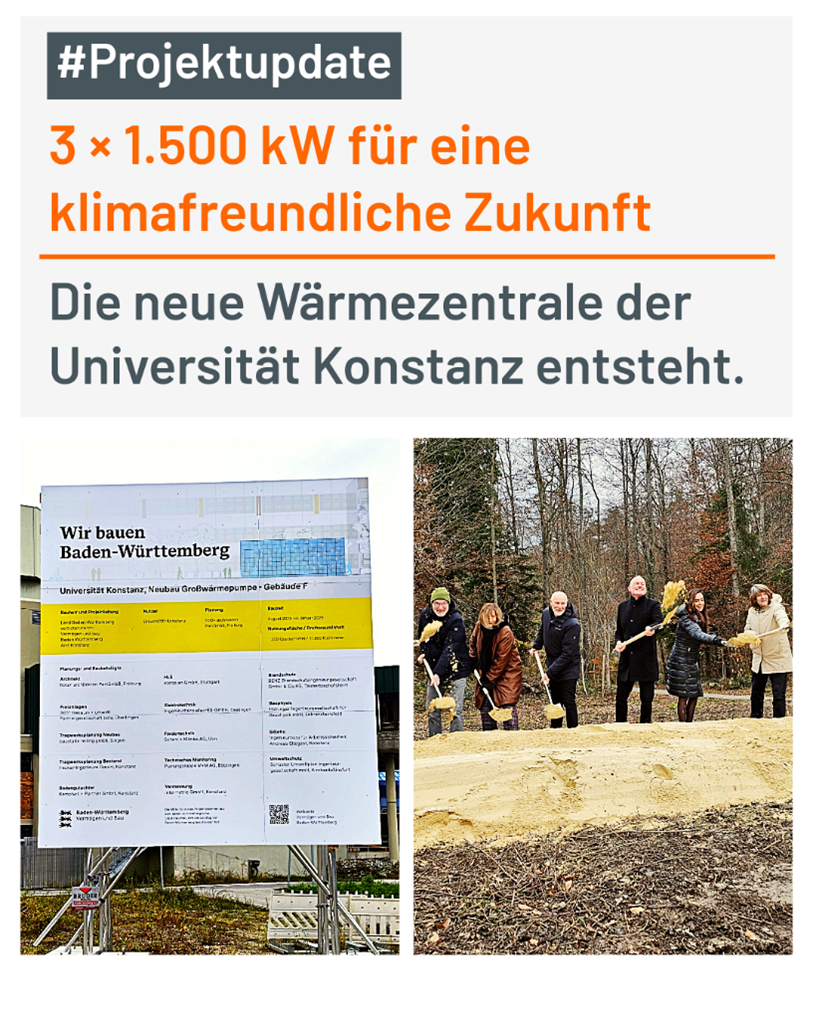 Menschen mit Schaufeln feiern den Spatenstich für die Wärmezentrale der Universität Konstanz vor einem Informationsschild.