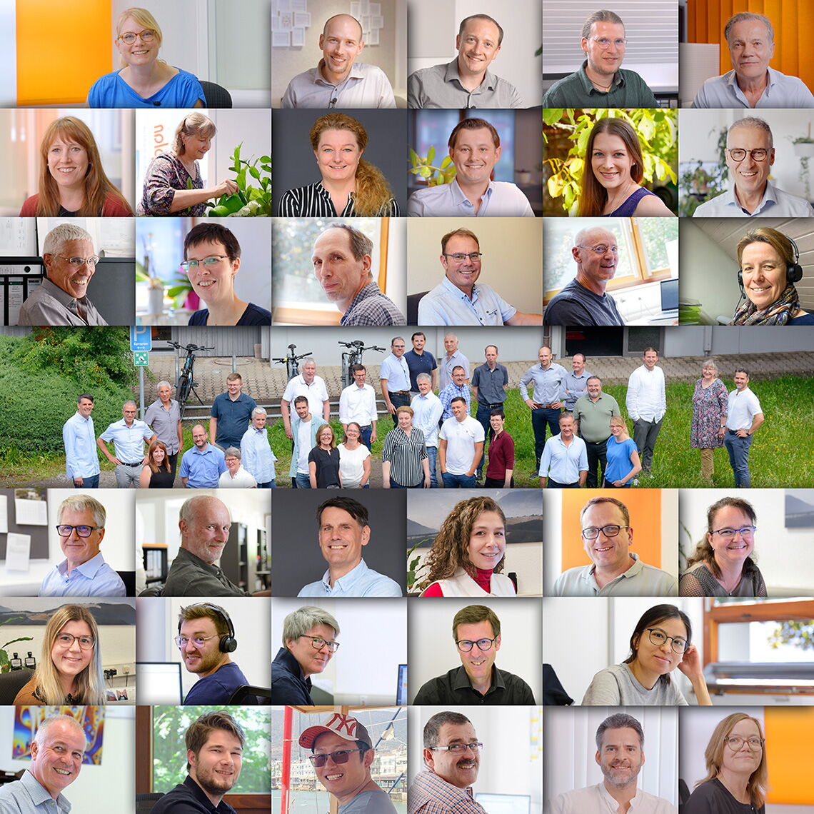 Collage von Eproplan-Mitarbeitenden zeigt lächelnde Teammitglieder in Büroumgebung und Gruppenfotos im Freien.